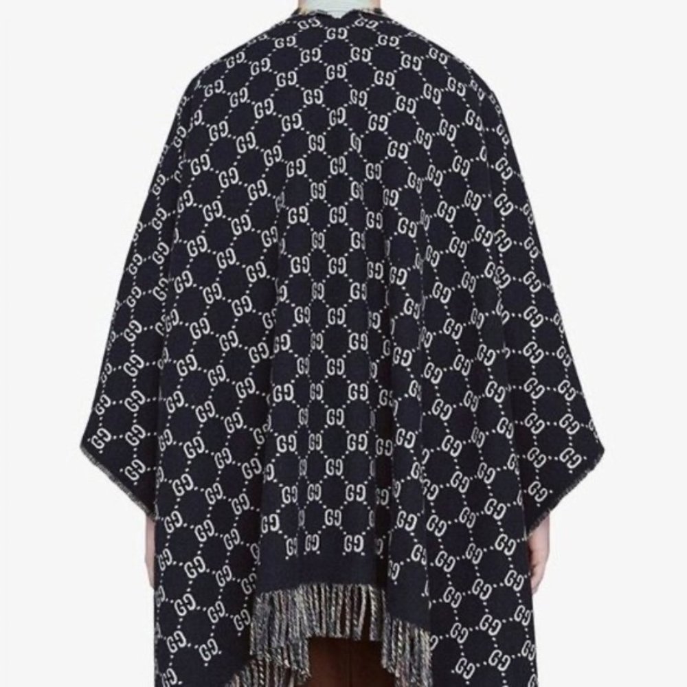 Gucci Poncho GG Logo Reversible Fringed 100% Wool - Picture 3 of 16